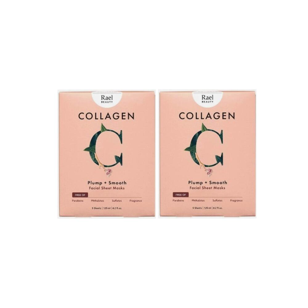 2 Pack Rael Beauty Collagen Facial Sheet Mask Plump Smooth 5 ct each